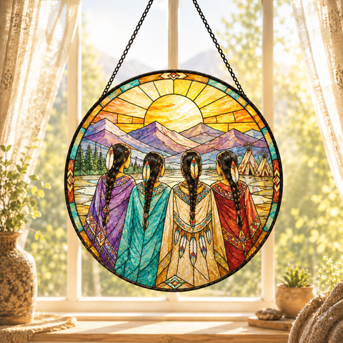 SC008 Women Native American Stained Glass Suncatcher