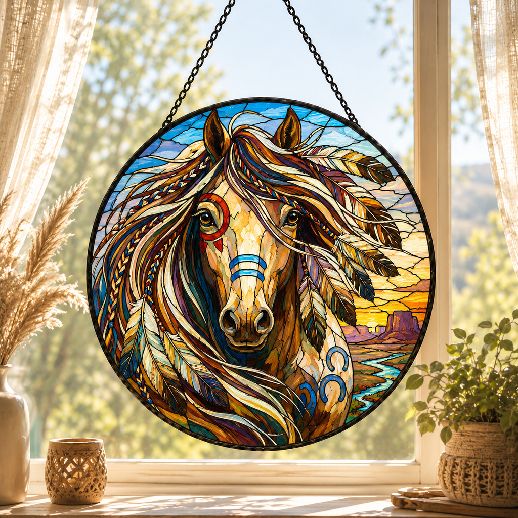 SC009 Horse Native American Stained Glass Suncatcher