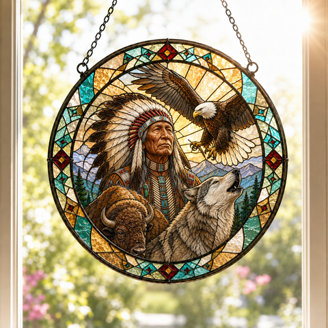 SC010 Chief and Animals Native American Stained Glass Suncatcher