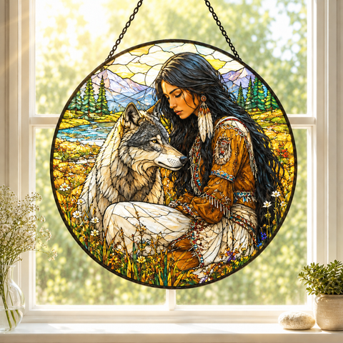 SC011 Woman and Wolf Native American Stained Glass Suncatcher