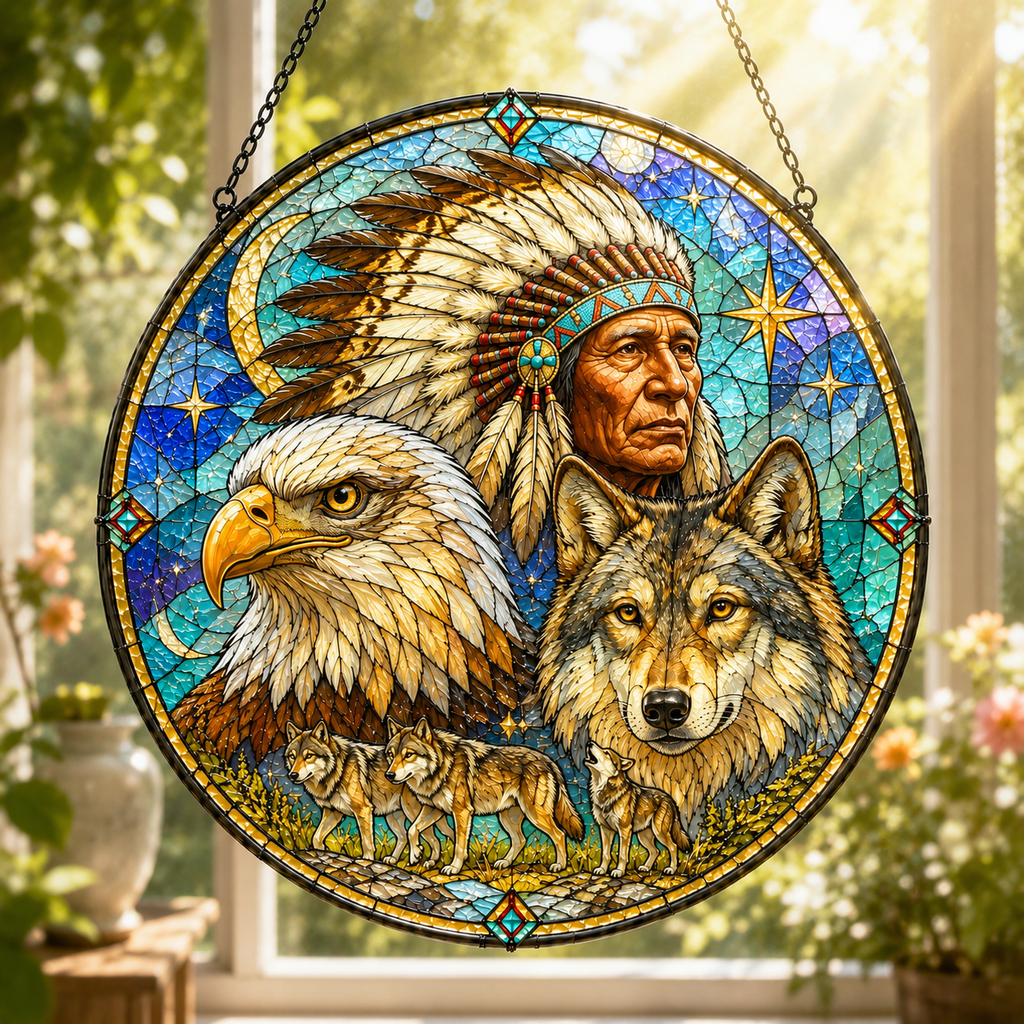 SC012 Chief and Animals Native American Stained Glass Suncatcher