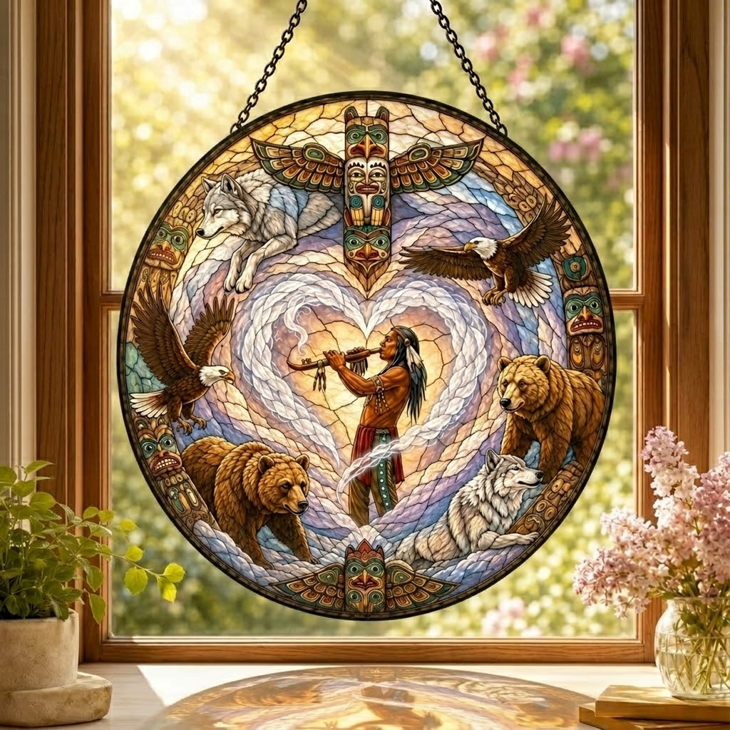 SC013 Chief and Animals Native American Stained Glass Suncatcher
