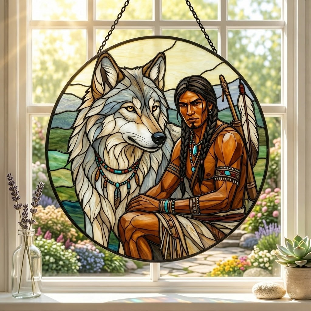 SC014 Man and Wolf Native American Stained Glass Suncatcher