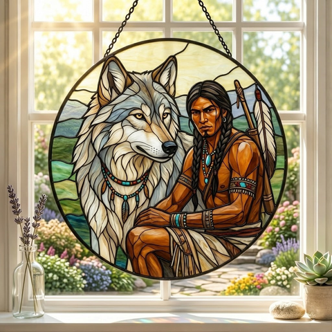 SC014 Man and Wolf Native American Stained Glass Suncatcher