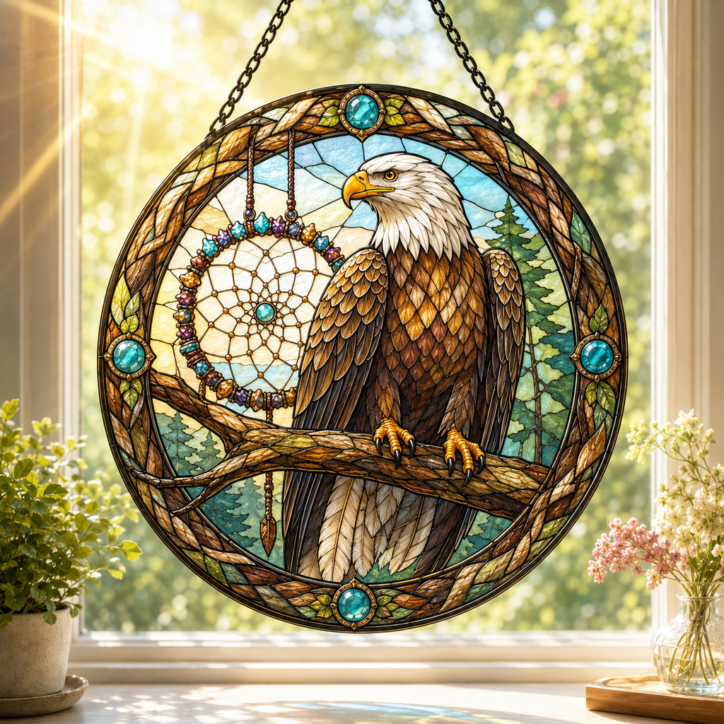SC015 Eagle Dreamcatcher Native American Stained Glass Suncatcher