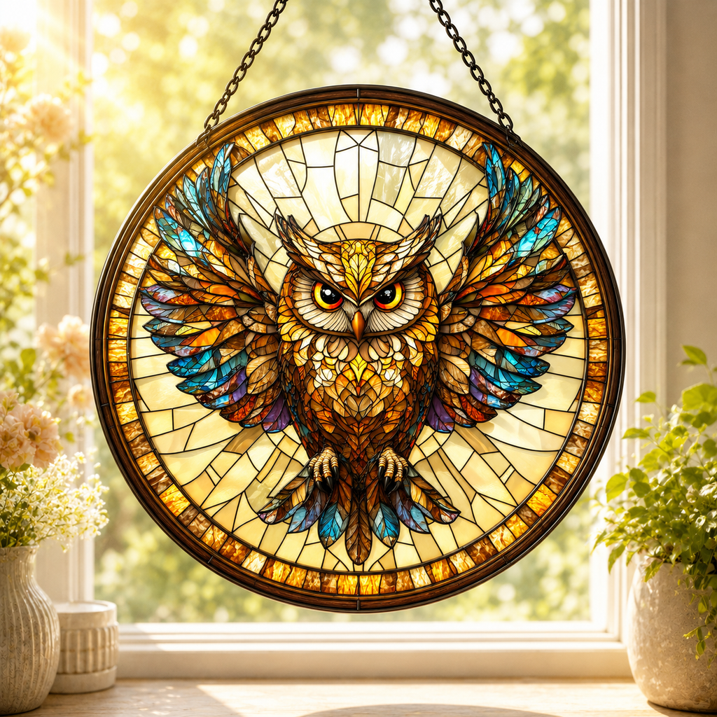SC016 Owl Native American Stained Glass Suncatcher