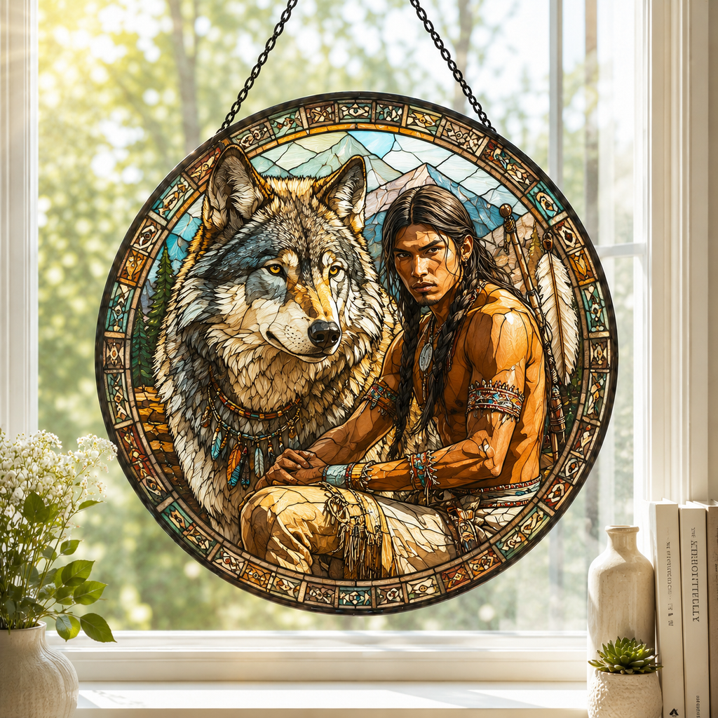 SC017 Man and Wolf Native American Stained Glass Suncatcher