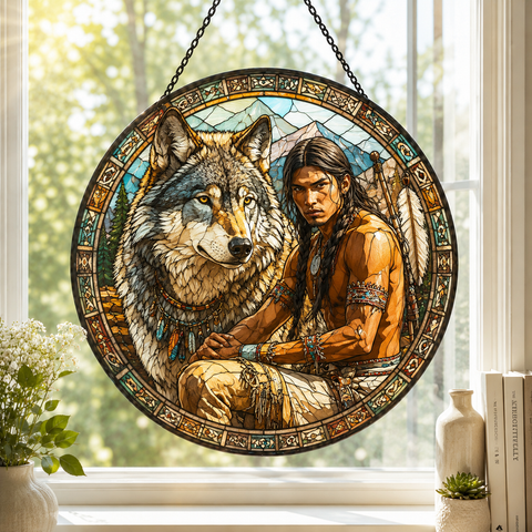 SC017 Man and Wolf Native American Stained Glass Suncatcher
