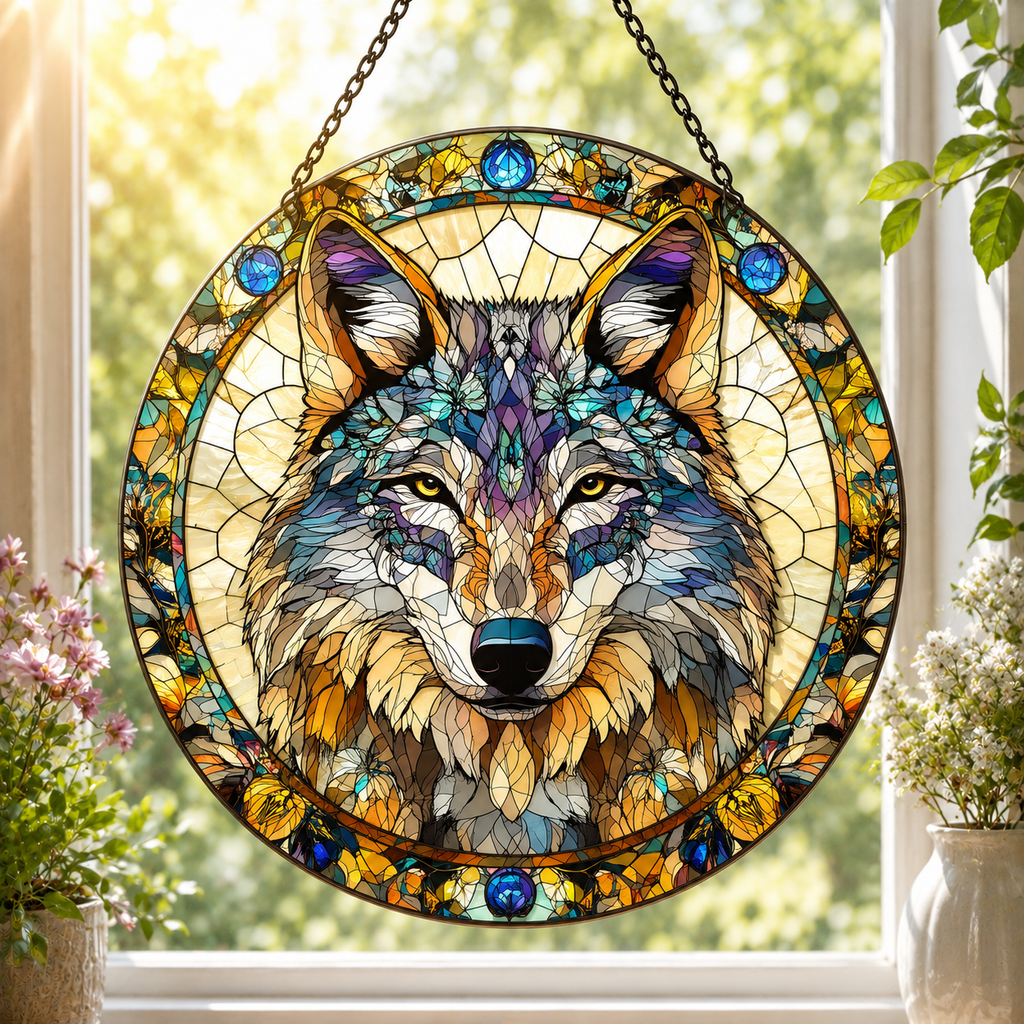 SC018 Wolf Native American Stained Glass Suncatcher