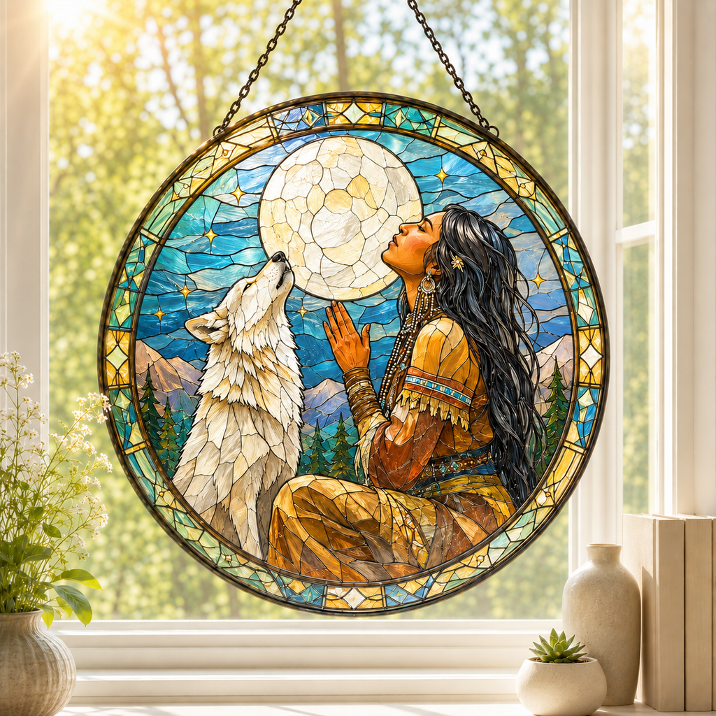 SC019 Woman and Wolf Native American Stained Glass Suncatcher