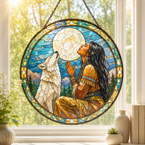 SC019 Woman and Wolf Native American Stained Glass Suncatcher