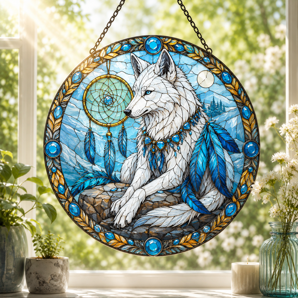 SC023 Wolf Native American Stained Glass Suncatcher