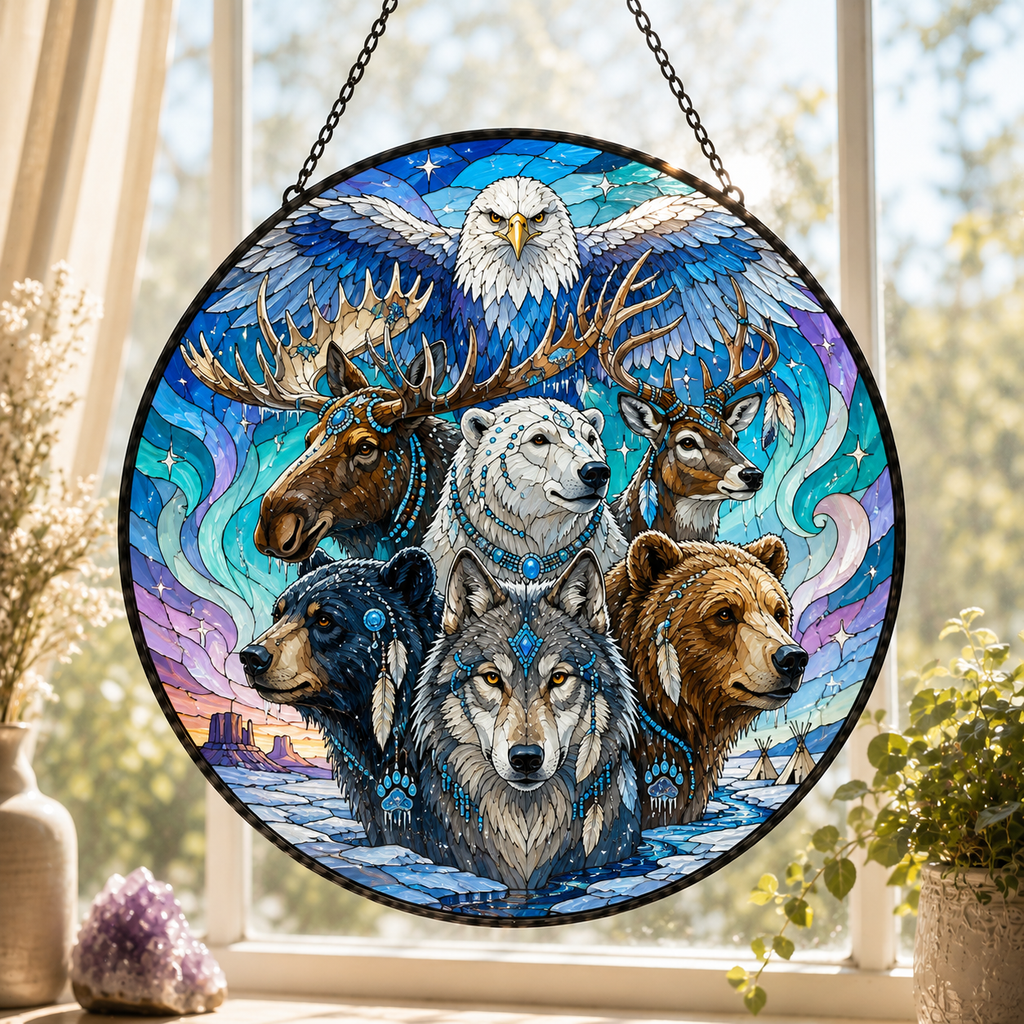 SC024 Animals Soul Native American Stained Glass Suncatcher