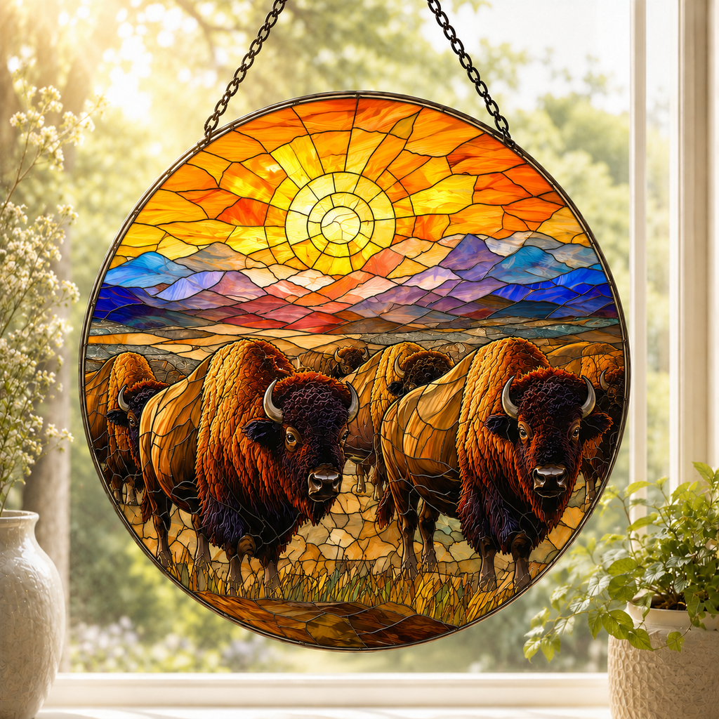 SC025 Bisons Native American Stained Glass Suncatcher