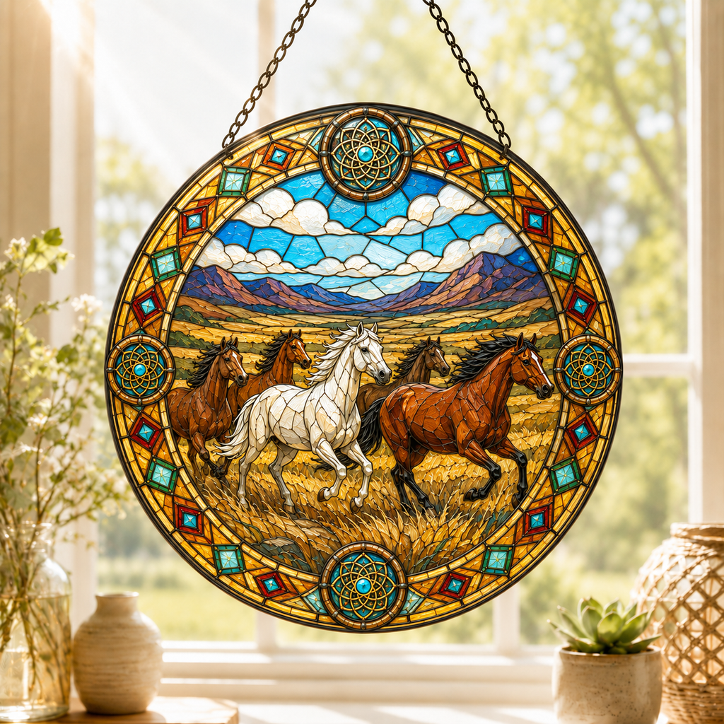 SC026 Running Horses Native American Stained Glass Suncatcher