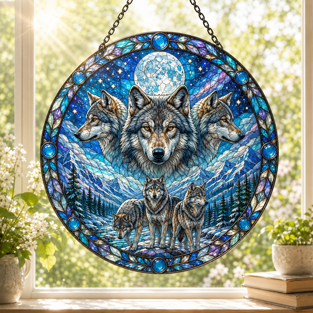 SC027 Wolves Moon Native American Stained Glass Suncatcher