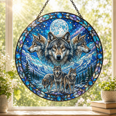 SC027 Wolves Moon Native American Stained Glass Suncatcher
