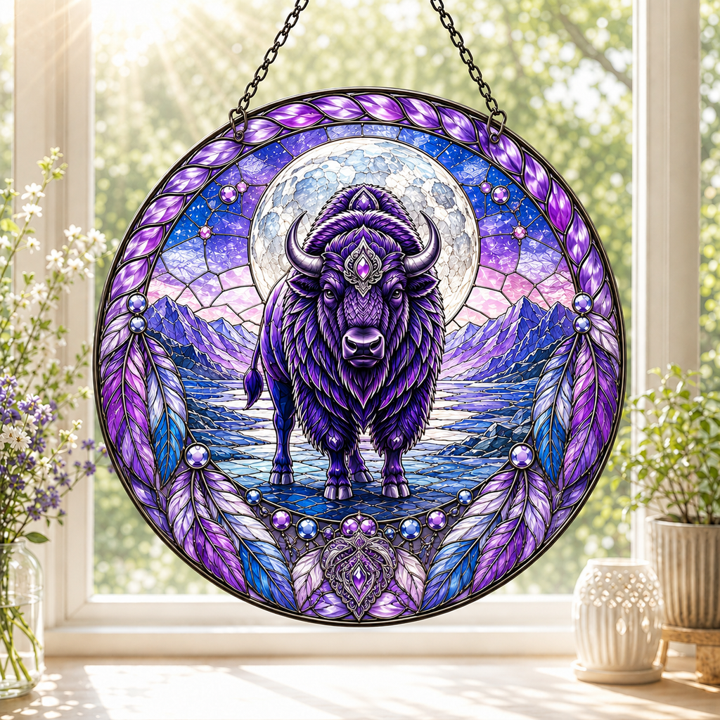 SC028 Bison Feather Native American Stained Glass Suncatcher
