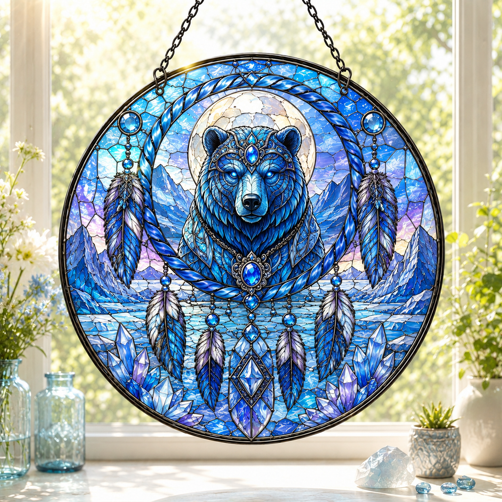 SC029 Bear Dreamcatcher Native American Stained Glass Suncatcher