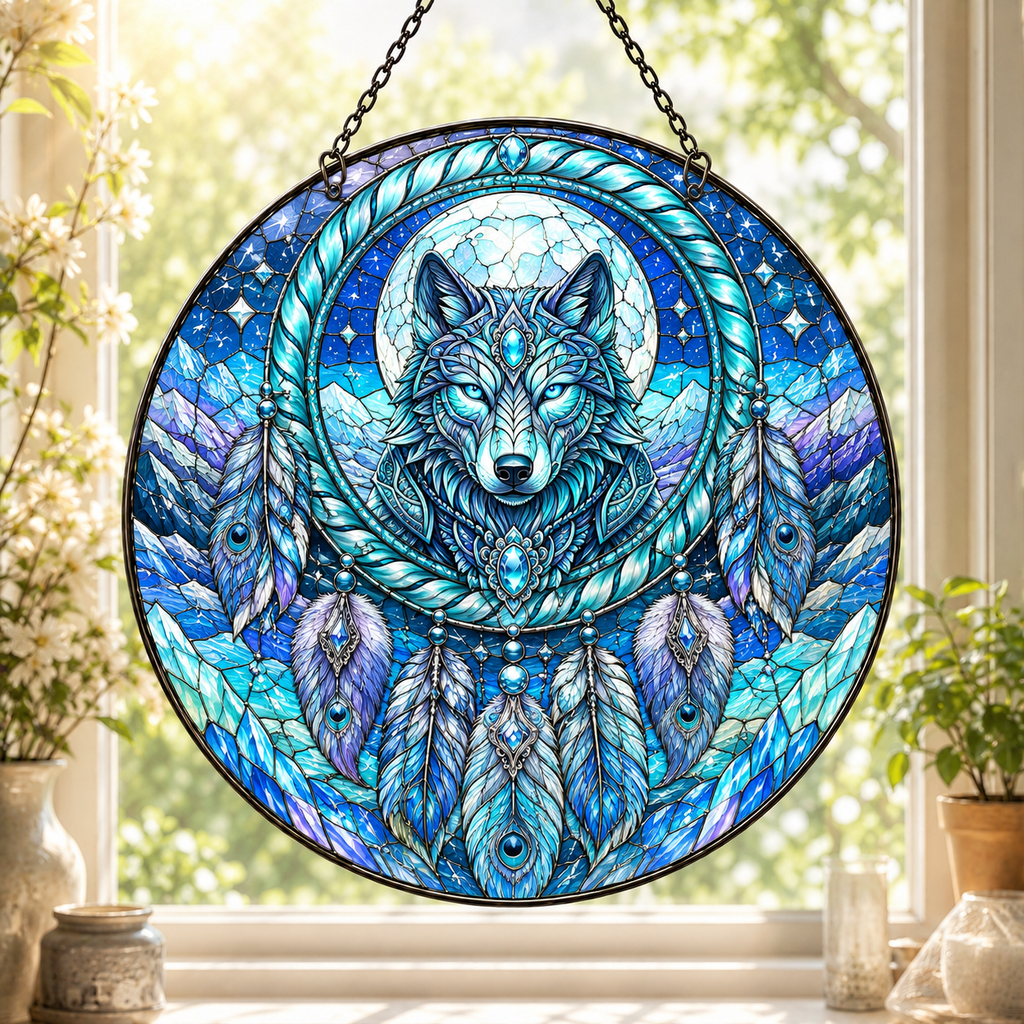 SC030 Wolf Dreamcatcher Native American Stained Glass Suncatcher