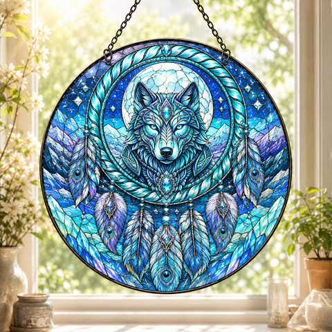 SC030 Wolf Dreamcatcher Native American Stained Glass Suncatcher