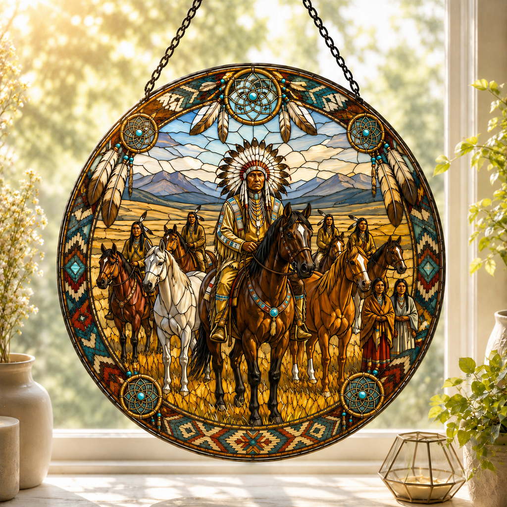 SC031 Chief Dreamcatcher Native American Stained Glass Suncatcher