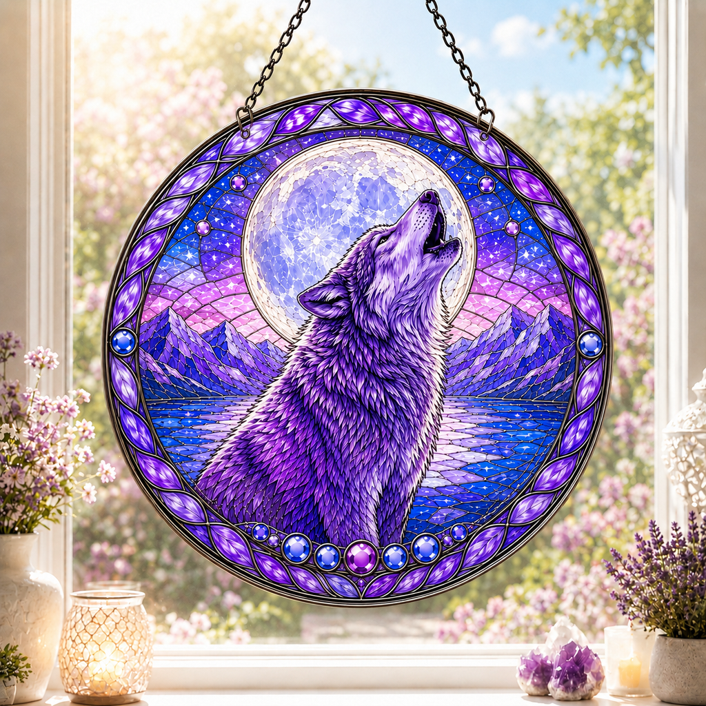SC032 Wolf Moon Native American Stained Glass Suncatcher