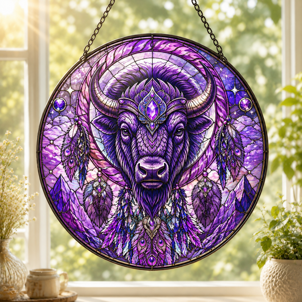SC033 Bison Dreamcatcher Native American Stained Glass Suncatcher
