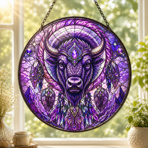SC033 Bison Dreamcatcher Native American Stained Glass Suncatcher