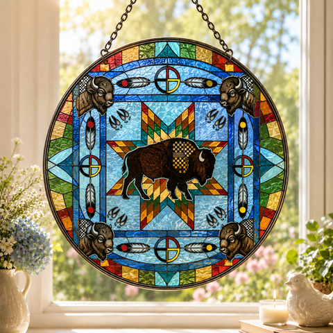 SC034 Bison Dreamcatcher Native American Stained Glass Suncatcher