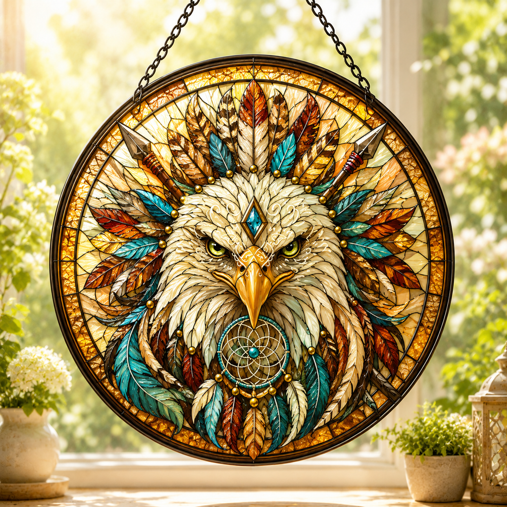 SC035 Eagle Warrior Native American Stained Glass Suncatcher