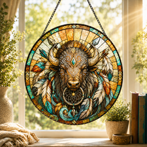 SC036 Bison Warrior Native American Stained Glass Suncatcher