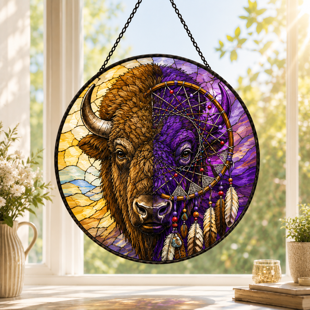 SC037 Bison Dreamcatcher Native American Stained Glass Suncatcher
