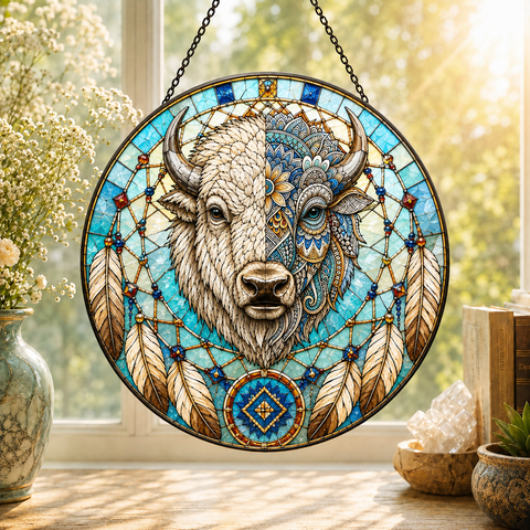 SC038 Bison Dreamcatcher Native American Stained Glass Suncatcher
