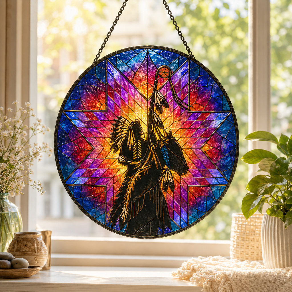 SC039 Chief Warrior Native American Stained Glass Suncatcher