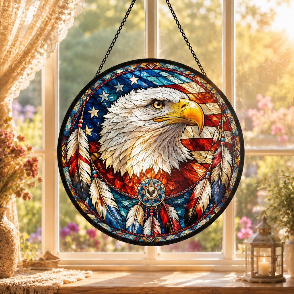 SC040 Eagle Flag Native American Stained Glass Suncatcher
