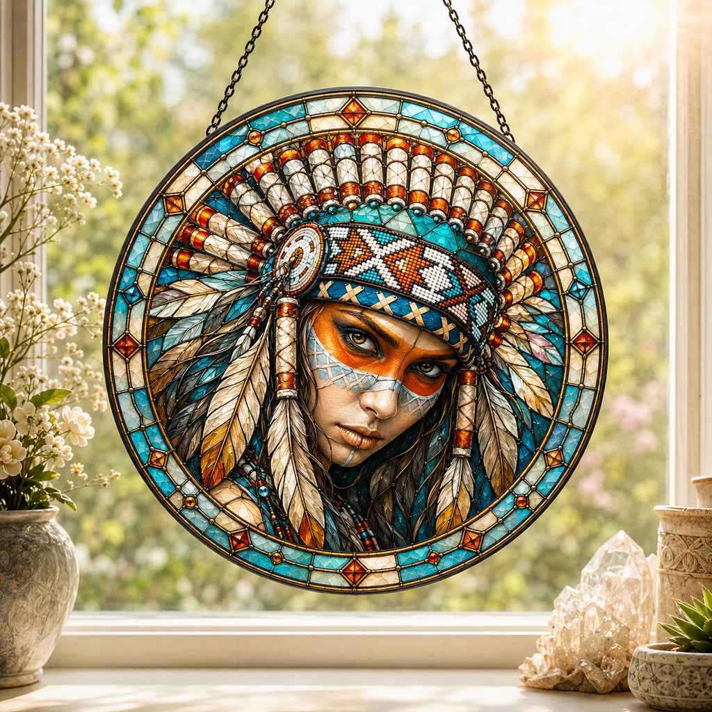 SC042 Woman Chief Native American Stained Glass Suncatcher
