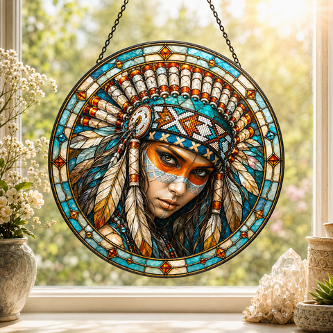 SC042 Woman Chief Native American Stained Glass Suncatcher