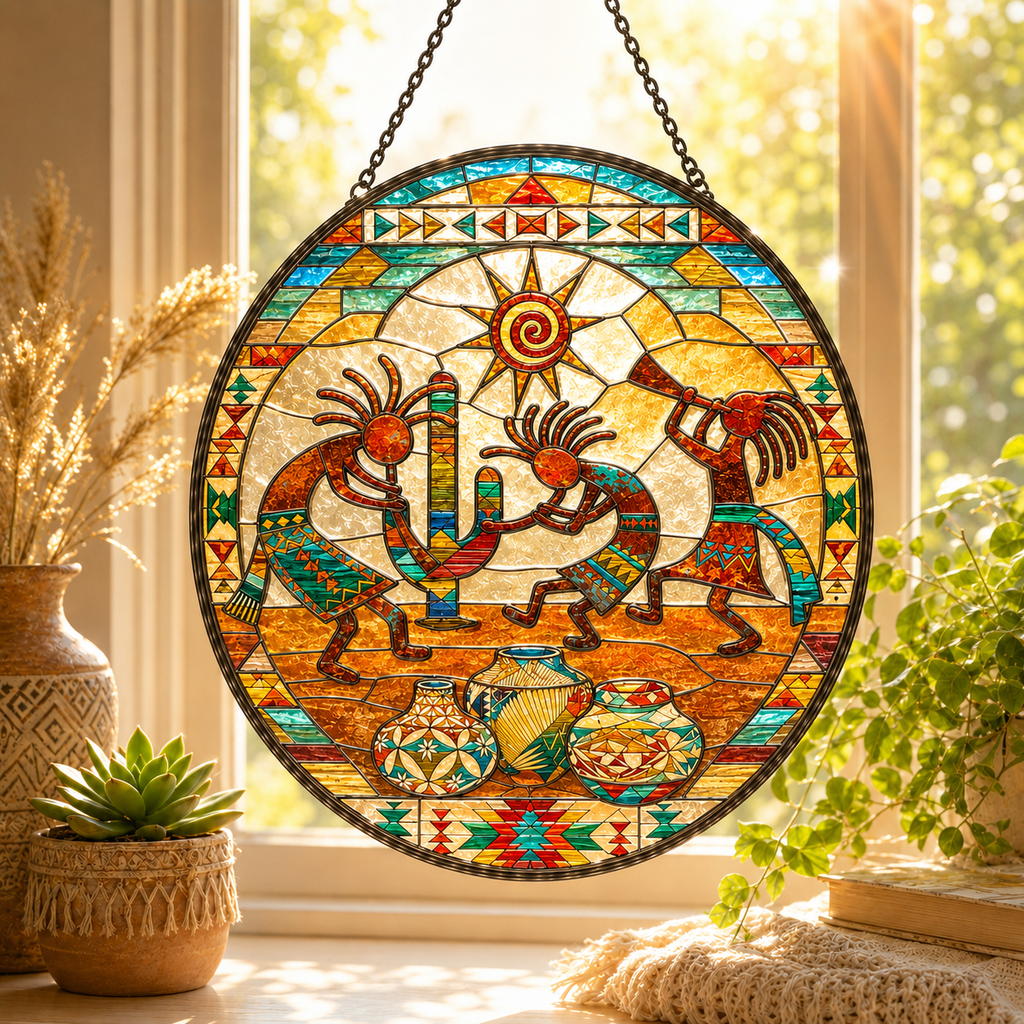 SC044 Kokopelli Native American Stained Glass Suncatcher