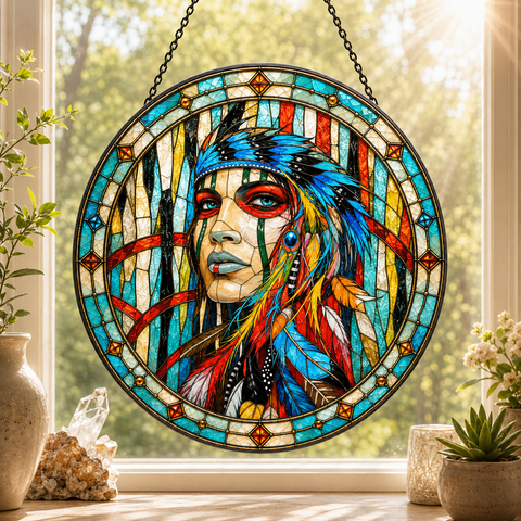 SC046 Woman Chief Native American Stained Glass Suncatcher