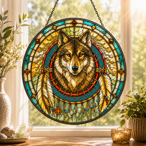 SC047 Wolf Dreamcatcher Native American Stained Glass Suncatcher