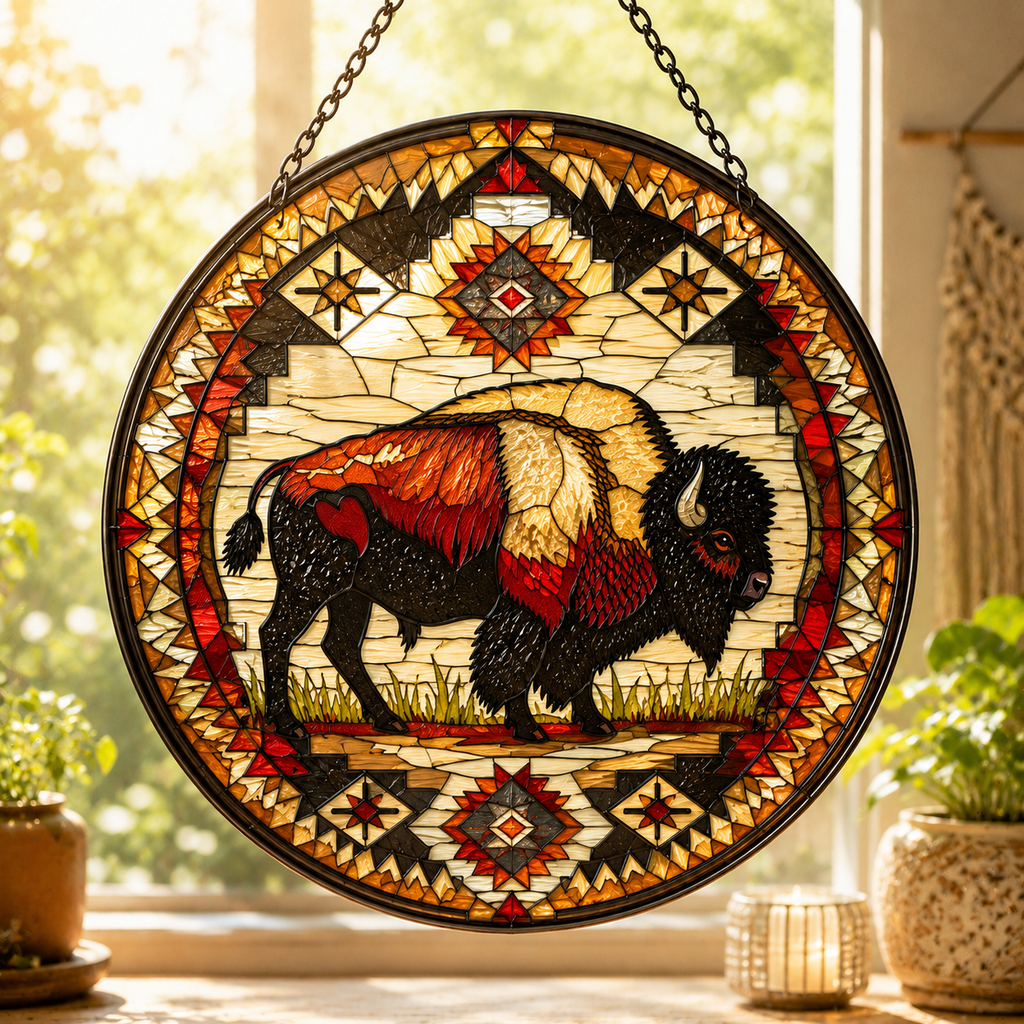 SC048 Bison Native American Stained Glass Suncatcher