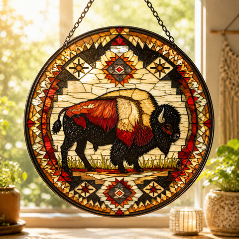SC048 Bison Native American Stained Glass Suncatcher