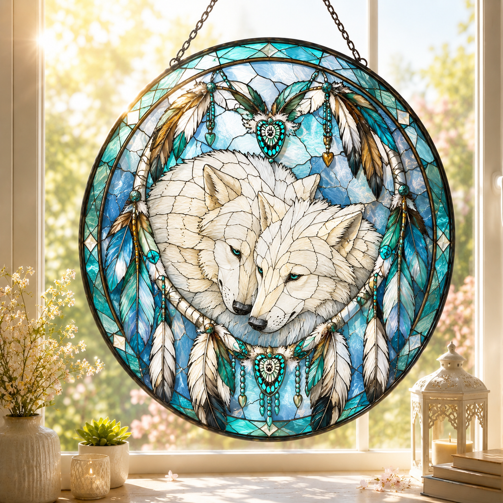 SC049 Wolf Coulpe Native American Stained Glass Suncatcher