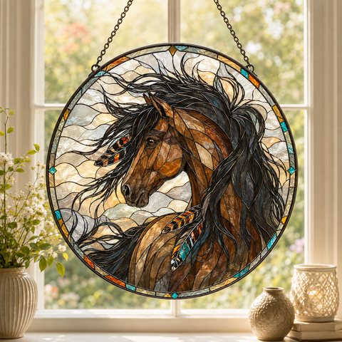 SC052 Horse Native American Stained Glass Suncatcher