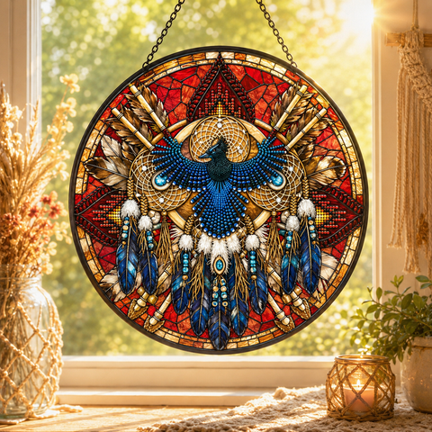 SC053 Falcon Mandala Native American Stained Glass Suncatcher