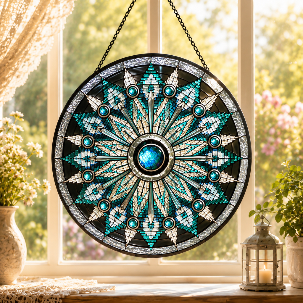 SC054 Blue and Gray Mandala Native American Stained Glass Suncatcher