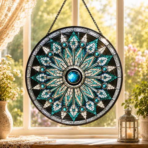 SC054 Blue and Gray Mandala Native American Stained Glass Suncatcher