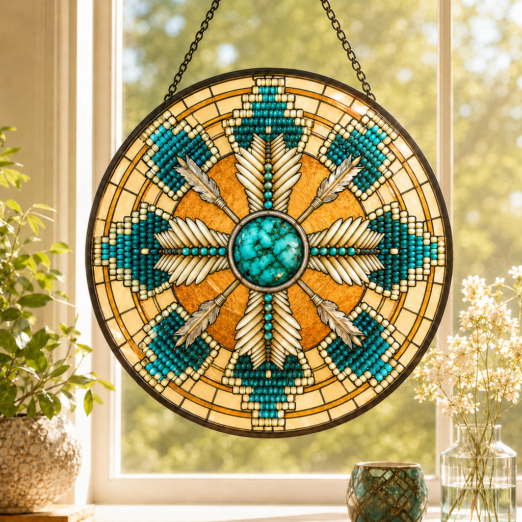 SC055 Beige Mandala Native American Stained Glass Suncatcher