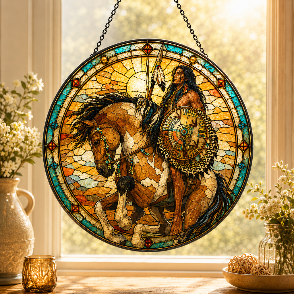 SC056 Chief Warrior Native American Stained Glass Suncatcher